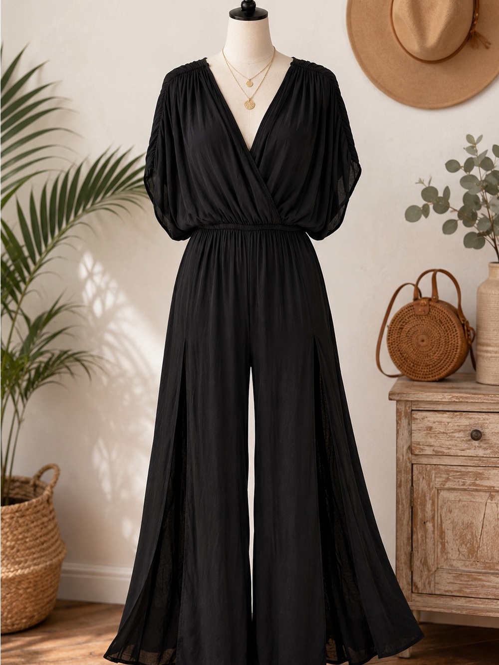 KLd Signature Black Palazzo Jumpsuit Wide Leg High Slit Romper Size Small - Picture 2 of 14